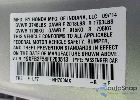 2015 Honda Civic Lx z USA, uszkodzony, nr VIN 19XFB2F54FE200513